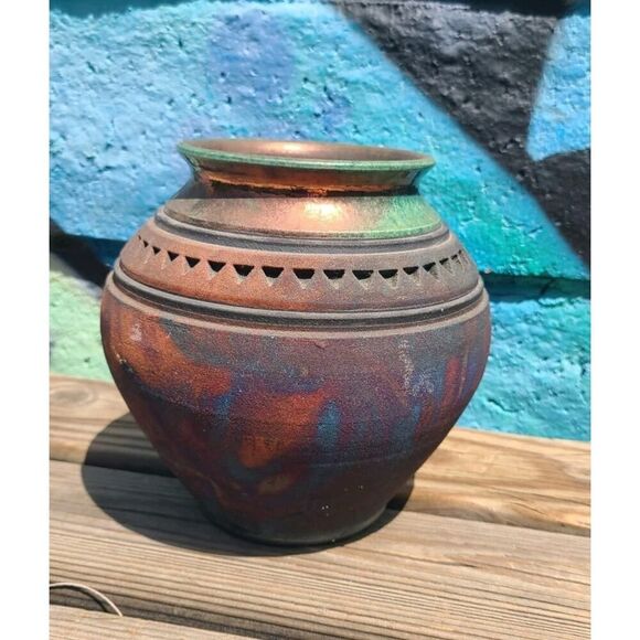 John Melkonian Raku Studio Pottery Vase Incised Triangle Design Signed 2010 EUC - Picture 3 of 16